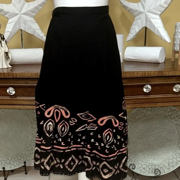 Women Vtg West End A line Cotton Southwestern Black Batik Beaded Hem Midi Skirt - Picture 2 of 11